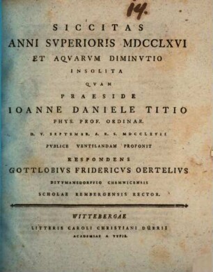 Siccitas Anni Svperioris MDCCLXVI Et Aqvarvm Diminvtio Insolita