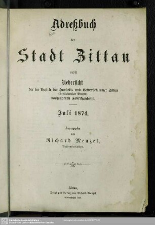 1874: Adreßbuch der Stadt Zittau