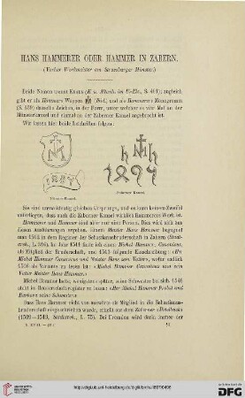 2.Ser. 18.1897: Hans Hammerer oder Hammer in Zabern (Vorher Werkmeister am Strassburger Münster)