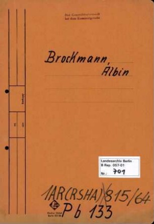 Personenheft Albert Brockmann (*29.09.1899), Kriminalsekretär