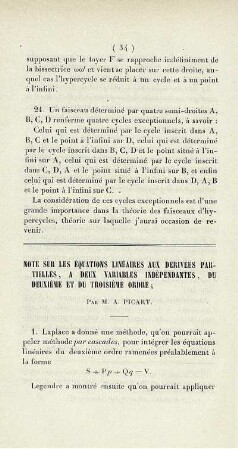 Note sur les équations linéaire aux derivees partielles, a deux variables, independantes, du deuxieme et du troisieme ordre.