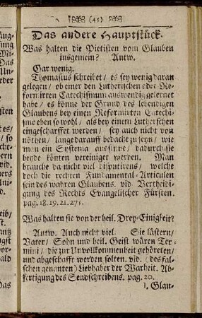 Das andere Hauptstück. Was halten die Pietisten vom Glauben insgemein?