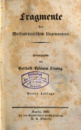 Fragmente des Wolfenbüttelschen Ungenannten