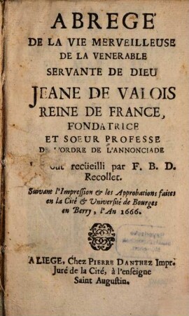 Abrégé de la vie de ... Jeanne de Valois