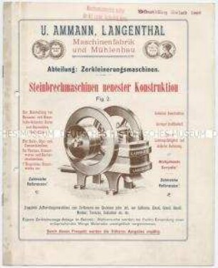 Steinbrechmaschinen neuester Konstruktion, Benzinlokomobilen, Brechwalzwerke, Sand- und Kiessortiermaschinen