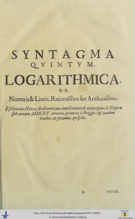 Syntagma V. Logarithmica, De Numeris Et Lineis, Rationalibus seu Artificialibus.