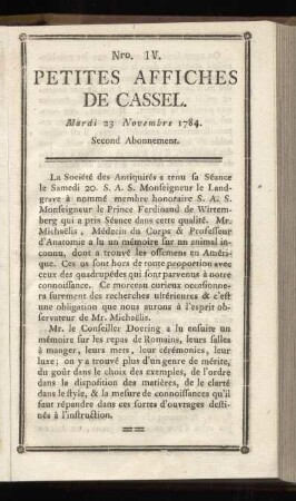 No IV (Mardi 23 Novembre 1784)