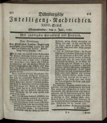 XXVII. Stück. Sonnabends: den 7. Julii 1781.