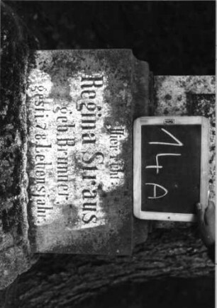 Grabstein 14 (Index: 100090866) Material: Sandstein Zustand: Schriftplatte fehlt Maße HxBxT: 143x39x23 cm Beschreibung: Stele, getreppt. Sockel, Abdeckplatte m. Aufsatz, Schriftplatte rechteckig Symbolik: Palmette: Grabstein 14A