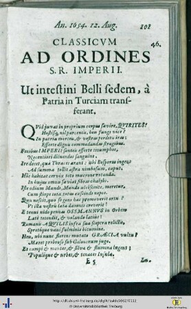 Classicum ad Ordines S. R. Imperii. Ut intestini Belli sedem …