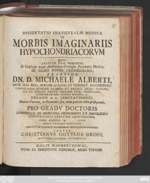 Dissertatio Inavgvralis Medica De Morbis Imaginariis Hypochondriacorvm