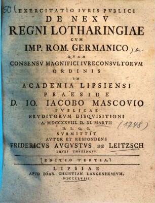 Exercitatio iuris publici de nexu regni Lotharingiae cum imperio Rom. Germanico