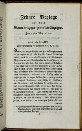 Zehnte Beylage zu den Neuen Leipziger gelehrten Anzeigen. Zum 15ten May 1794.
