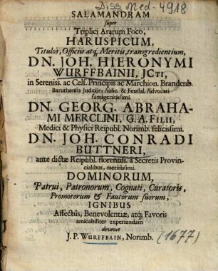 Salamandram, adstante M. D. G. Moller Poson Hung. Historiar. et Metaphys. Prof. Publ. defendet Joh. Paul. Wurffbain Norib Med Cult. Altdorffii A.R.M M.DC.LXXVI[...]