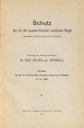 Schutz der für die Landwirthschaft nützlichen Vögel vom interw. Standpunkte aus betrachtet : Vortrag