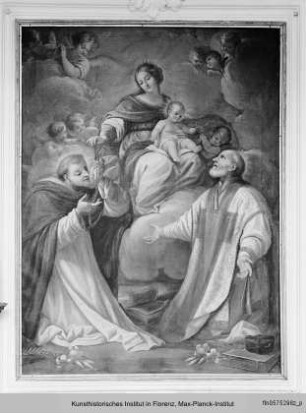 Madonna mit Kind, Engeln, Dominikus? und einem weiteren Heiligen