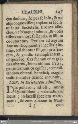 LXIV. In Societatem admissio