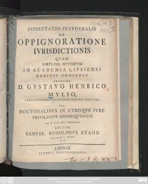 Dissertatio Inavgvralis De Oppignoratione Ivrisdictionis
