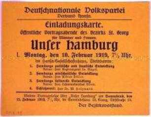 Einladung der Deutschnationalen Volkspartei Verband Hansa zu einem öffentlichen Vortragsabend mit 3 Reden zu Hamburgs Stadtentwicklung