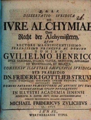 Dissertatio Iuridica De Iure Alchymiae