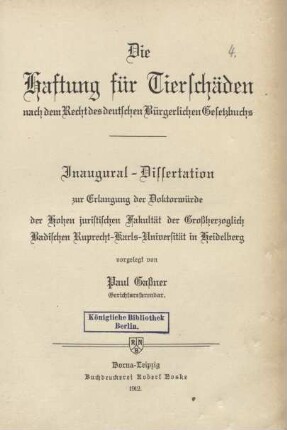 Die Haftung für Tierschäden nach dem Recht des deutschen Bürgerlichen Gesetzbuchs