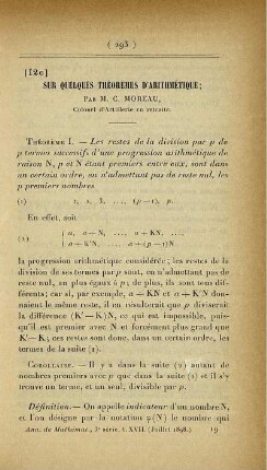Sur Quelques Théorèmes d'Arithmétique.