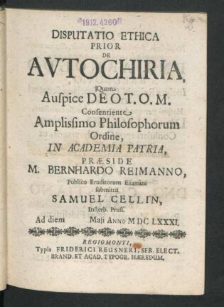 Disputatio Ethica Prior De Autochiria