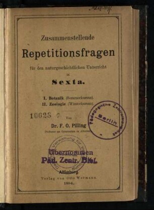 Sexta, 1/2: Botanik (Sommerkusus), Zoologie (Winterkursus)