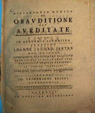 Dissertatio Medica De Obavditione Sev Svrditate