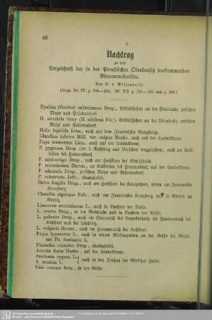 Nachtrag zu dem Verzeichniß der in der Preußischen Oberlausitz vorkommenden Binnenmollusken
