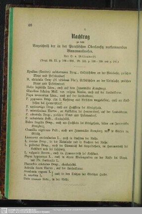 Nachtrag zu dem Verzeichniß der in der Preußischen Oberlausitz vorkommenden Binnenmollusken
