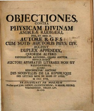 Objectiones contra Physicam divinam Andreae Rudigeri ...