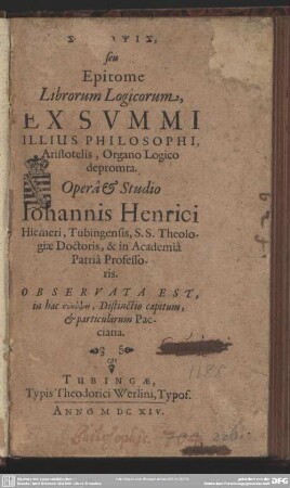 Synopsis seu epitome librorum logicorum ex ... Aristotelis organo logico deprompta