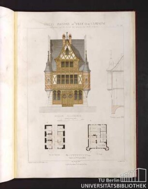 Villas, maisons de ville et de campagne. Composées sur les motifs des maisons de Paris moderne. Maison Allemande. Rez-de-chaussée. 1er Etage. Coupe suivant A, B.