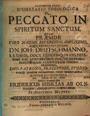 Dissertatio Theologica De Peccato In Spiritum Sanctum