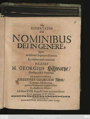 Dissertatio De Nominibus Dei In Genere