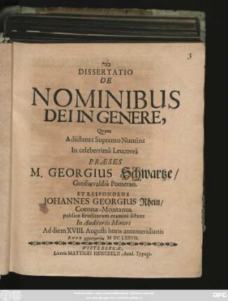 Dissertatio De Nominibus Dei In Genere