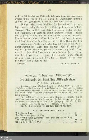 Zwanzig Jahrgänge (1888 - 1907) des Jahrbuchs der Sächsischen Missionskonferenz, Inhaltsverzeichnis
