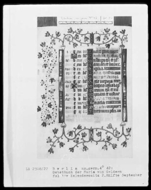 Gebetbuch der Maria von Geldern — Kalendar für Köln und Totengebete, Folio 3recto-18verso — ---, Folio 3recto-18versoKalenderseite 2. Hälfte September, Folio 11verso