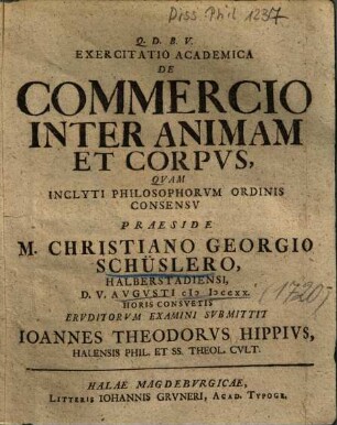 Exercitatio Academica De Commercio Inter Animan Et Corpvs