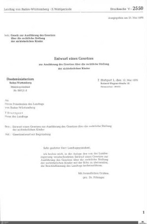 Gesetzentwurf zum Ausführungsgesetz über die rechtliche Stellung der nichtehelichen Kinder