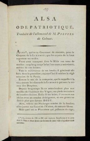 Alsa : Ode Patriotique; Traduite de l'allemand de M. Pfeffel de Colmar