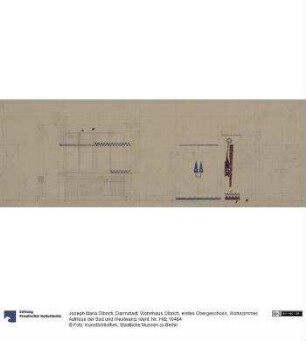 Darmstadt, Wohnhaus Olbrich, erstes Obergeschoss, Wohnzimmer, Aufrisse der Süd und Westwand