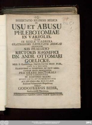 Dissertatio Solemnis Medica De Usu Et Abusu Phlebotomiae In Variolis