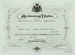 Anerkennungs-Diplom (Vordruck) für Gesellenstücke der Korbmacher-Innung
