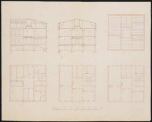 Wohnhaus David, Berlin: Schnitte, Grundriss Souterrain und 1. und 2. Obergeschoss, Grundriss mit Sparrenlage
