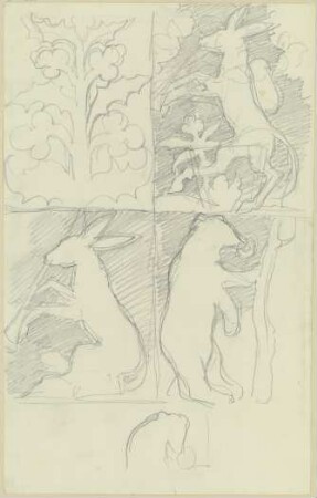 Kunstgewerbliche Entwürfe, in vier Feldern: Symmetrisches Gewächs, Esel mit Rucksack, Musizierender Esel und Bär mit Nasenring
