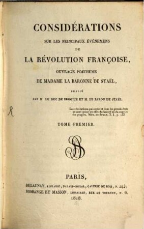 Considérations sur les principaux événemens de la révolution françoise : ouvrage posthume, 1