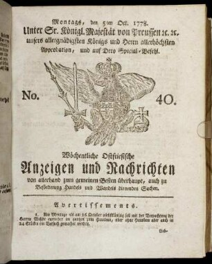 No. 40. Montags, den 5ten Oct. 1778.