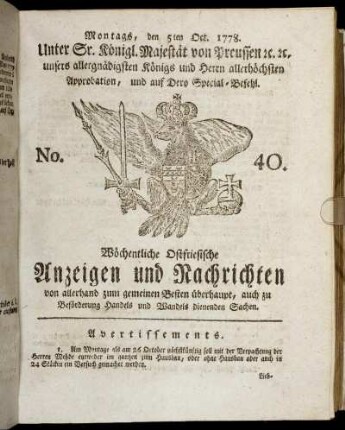 No. 40. Montags, den 5ten Oct. 1778.